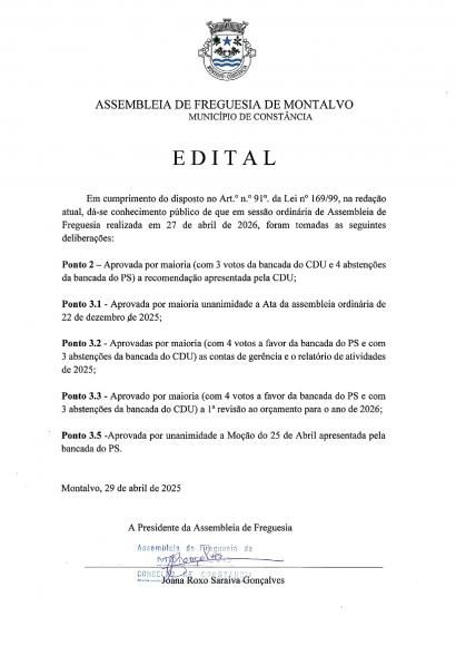 Edital - Assembleia de Freguesia - 27 de Abril 2026 - Delibera&ccedil;&otilde;es